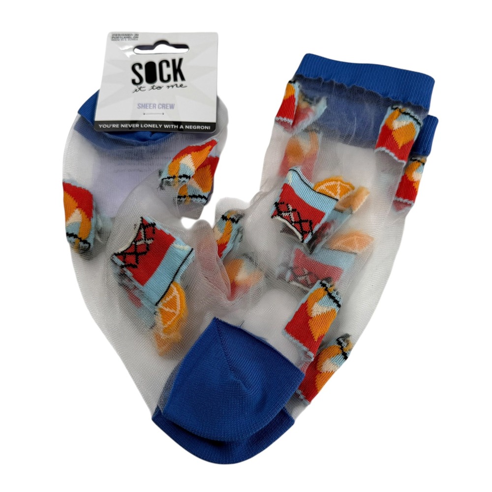 SOCK IT TO ME Sheer Crew Socks Blue Negroni Cocktail Novelty Women's 5-11 NEW
